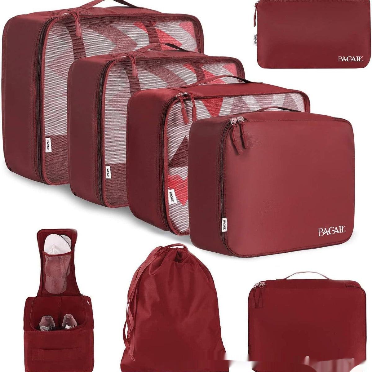 Packing Cubes in Wine Red – 8-Piece Suitcase Organizer Set