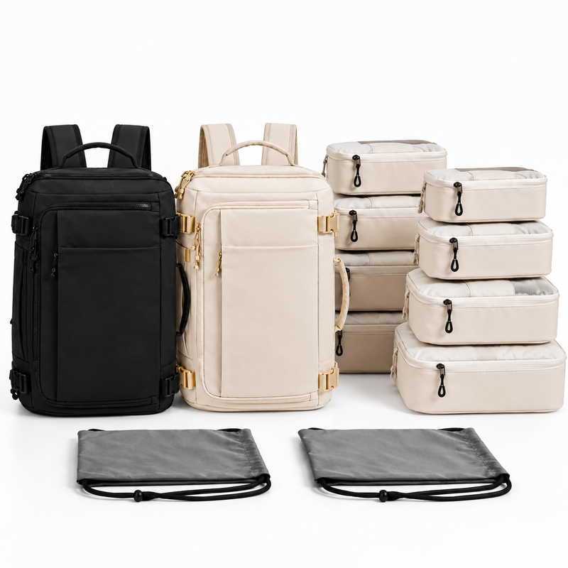 Smart Traveler Set featuring black and beige travel backpacks with multiple beige packing cubes and drawstring pouches in gray nylon.