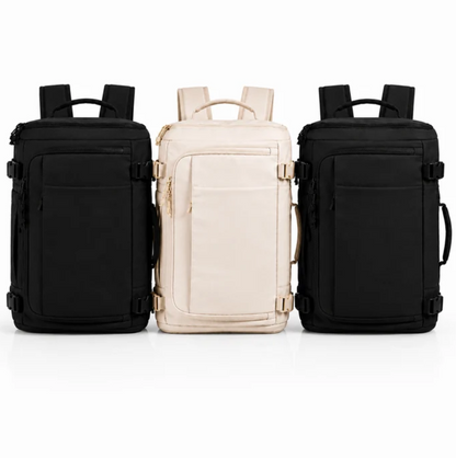 Family Set of three water-resistant Oxford fabric backpacks in beige and black, featuring padded straps and multiple compartments.
