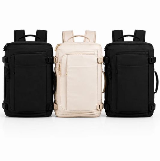 Family Set of three water-resistant Oxford fabric backpacks in beige and black, featuring padded straps and multiple compartments.