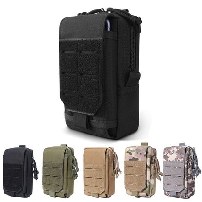 Military fan phone bag in black, olive green, tan, camouflage, and digital camo patterns, made of durable fabric with a zipper closure and front flap.
