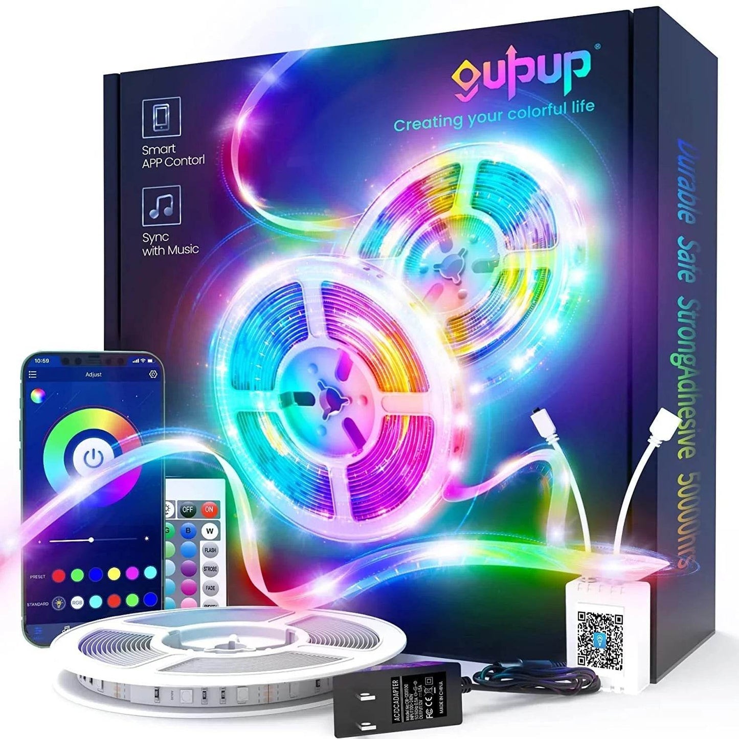 LED-Lichtleiste 15 m RGB Strip mit Musik-Sync und App-Steuerung, 50ft farbwechselnde LED-Leistenbeleuchtung