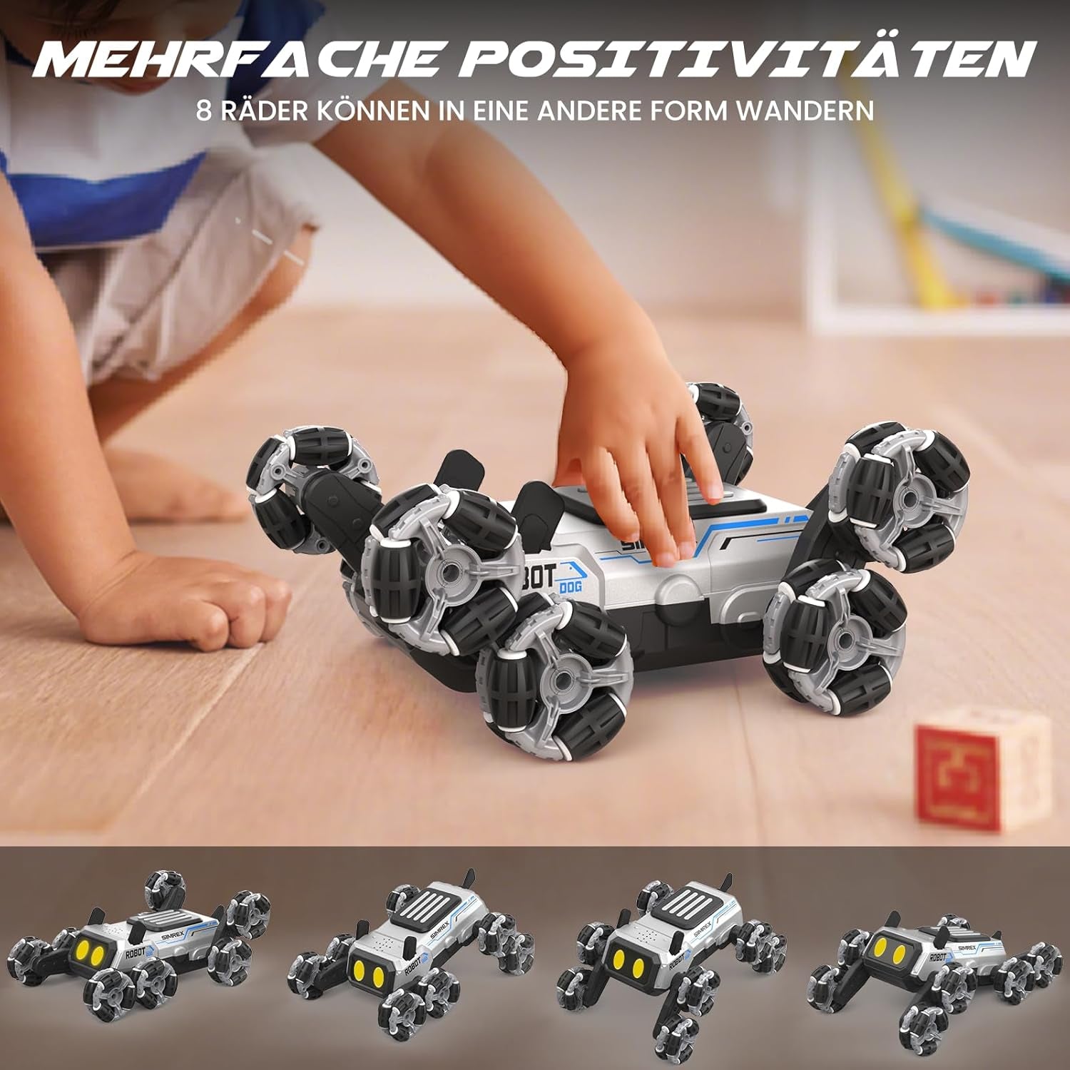 SIMREX Remote Control Robot Dog Toys for Kids 6+, Stunt RC Cars with LED Eyes & Gesture Control, 6+ Years Old Boys Girls Birthday Gift, Interactive Robot Toy with Mecanum Wheels & 3 Sounds, Sliver