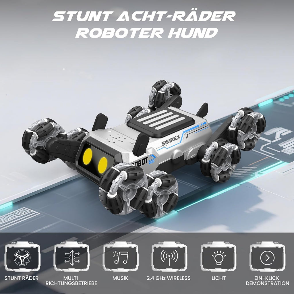 SIMREX Remote Control Robot Dog Toys for Kids 6+, Stunt RC Cars with LED Eyes & Gesture Control, 6+ Years Old Boys Girls Birthday Gift, Interactive Robot Toy with Mecanum Wheels & 3 Sounds, Sliver
