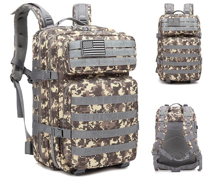 Outdoor Mountaineering Bag in digital camouflage pattern with durable Oxford material, multiple compartments, MOLLE system, and adjustable straps.