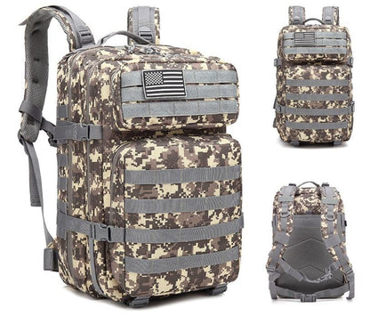 Outdoor Mountaineering Bag in digital camouflage pattern with durable Oxford material, multiple compartments, MOLLE system, and adjustable straps.