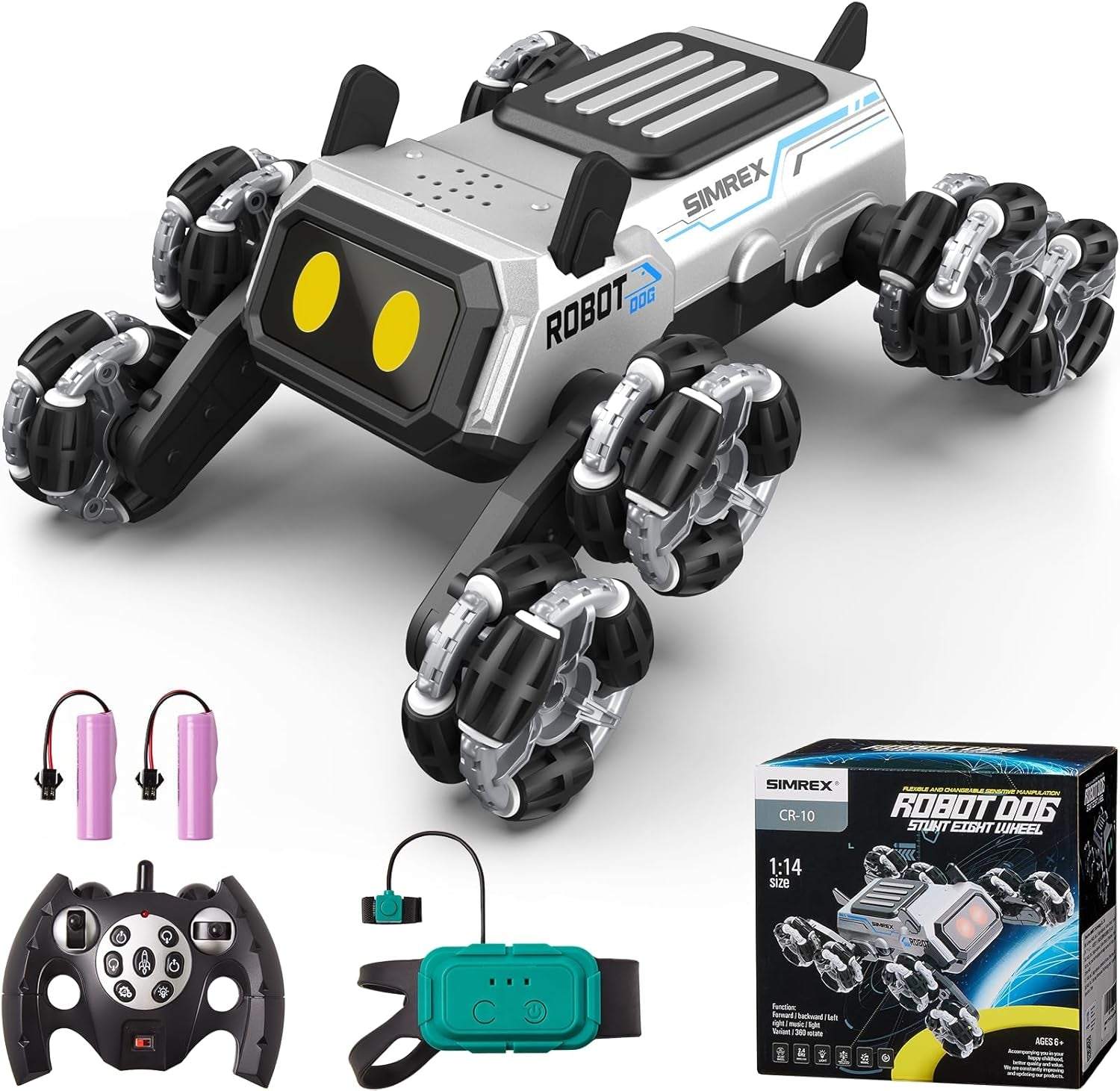 SIMREX RC Robot Dog with gesture control, colorful LED eyes, and stunt tricks on all-terrain wheels