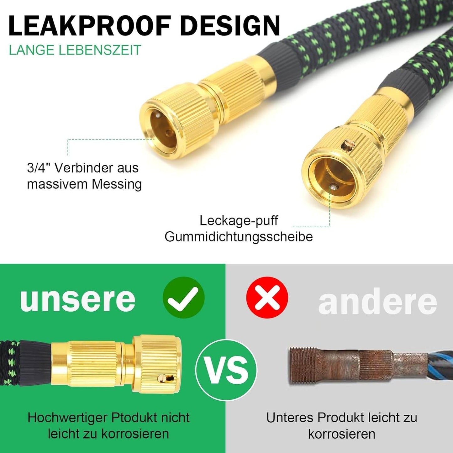 Flexibler Gartenschlauch 15M/50Ft,Knickfrei,Garden Hose Schlauch Mit 10-Funktions-Spray,Strapazierfähiger 3 Lagiger Latex Wasserschlauch 3/4 Zoll Und 1/2 Zoll