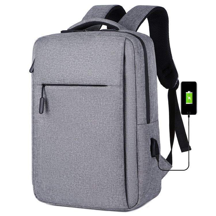 Men's Backpack in gray Oxford cloth with a USB charging port, slim rectangular design, and front zipper pocket.