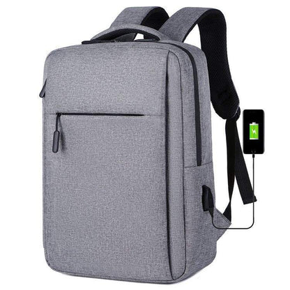 Men's Backpack in gray Oxford cloth with a USB charging port, slim rectangular design, and front zipper pocket.