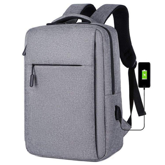 Men's Backpack in gray Oxford cloth with a USB charging port, slim rectangular design, and front zipper pocket.