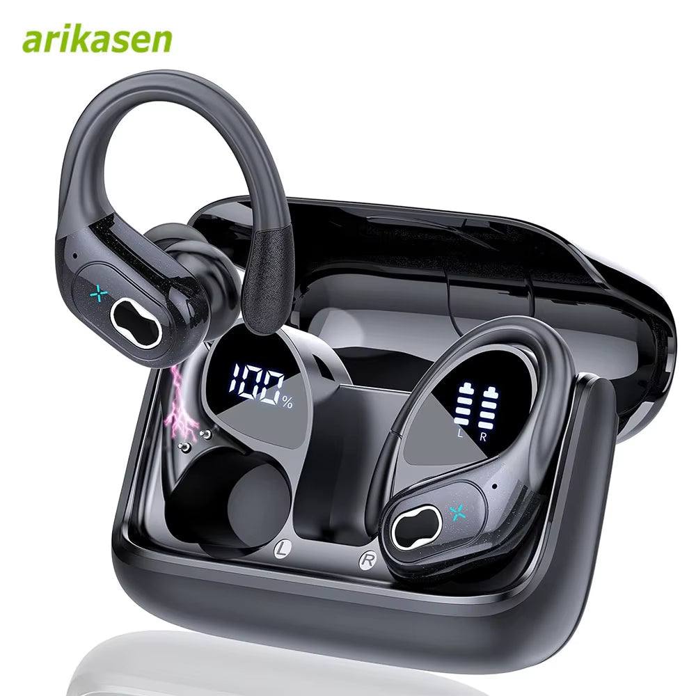 Bluetooth 5.3 wireless headphones with 75-hour playtime, noise cancelling mic, IPX7 waterproof, and sport earhooks