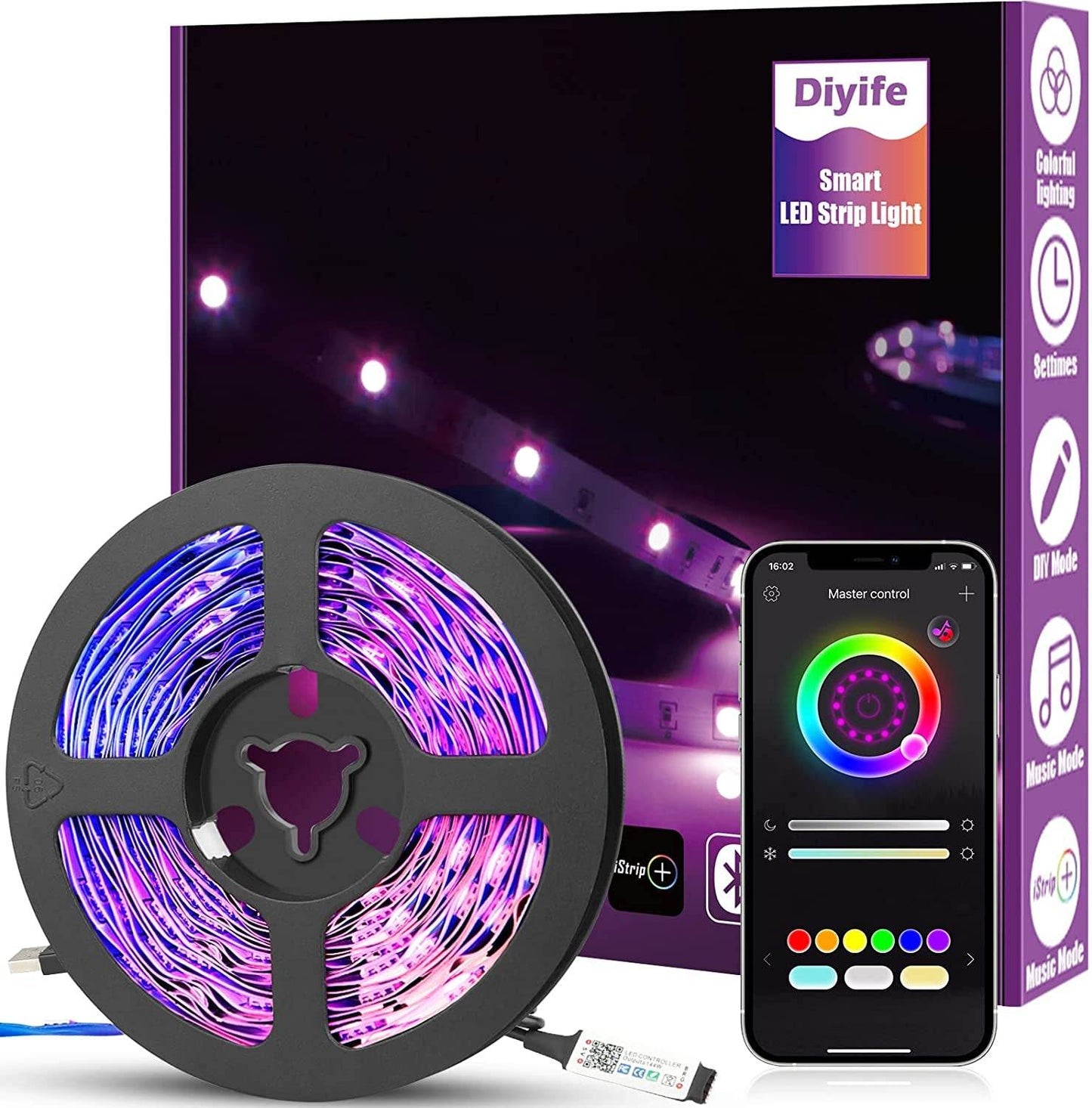 Diyife 6M LED Strip with RGB colors, Bluetooth app control, USB powered smart LED light strip for TV and home decoration
