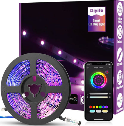 Diyife 6M LED Strip with RGB colors, Bluetooth app control, USB powered smart LED light strip for TV and home decoration
