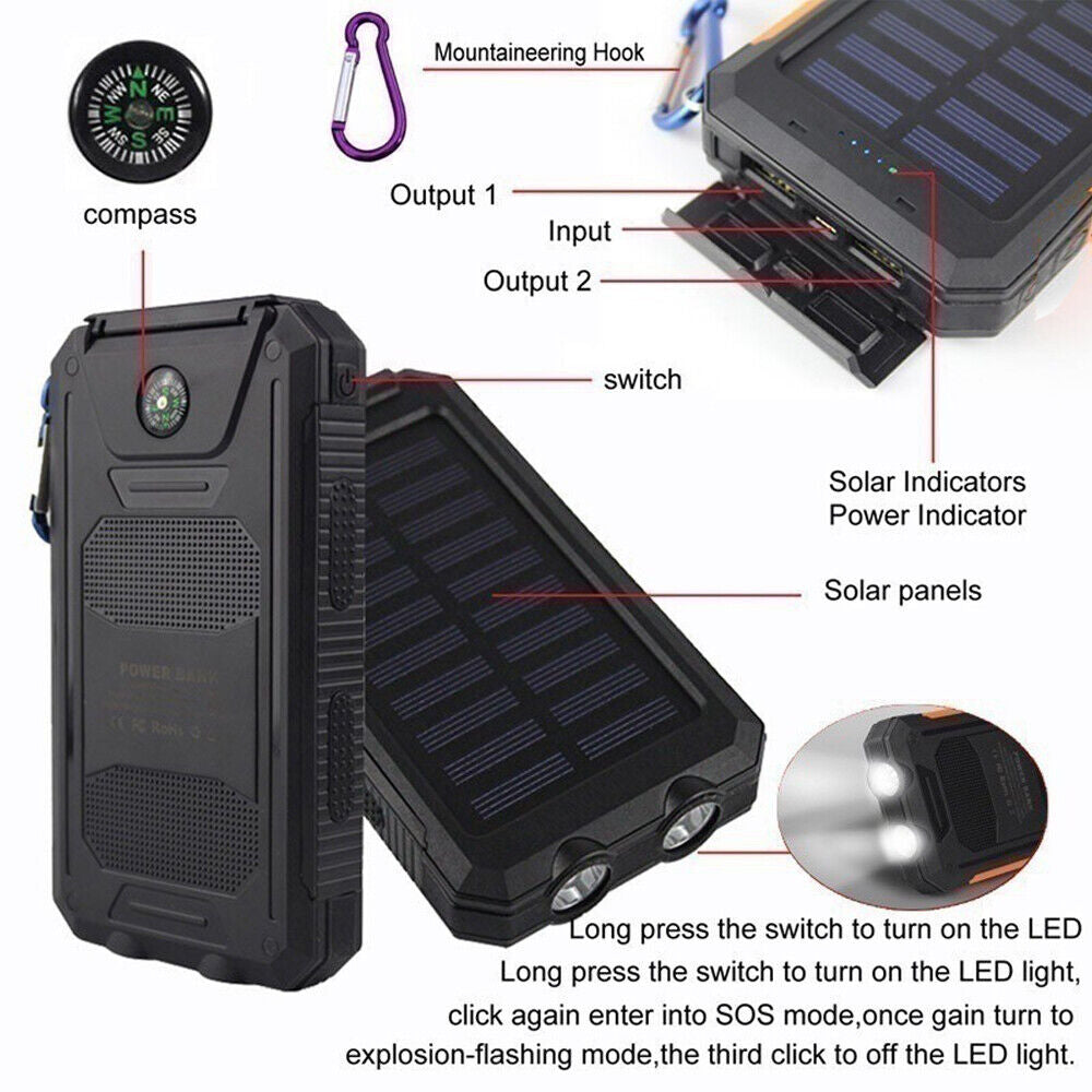 Solar-Powerbank 10.000 mAh wasserdicht mit LED-Lampe – Waterproof Solar Power Bank