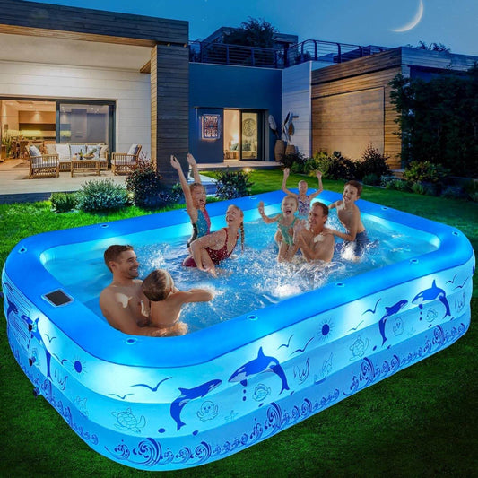 Inflatable family pool 240x150 cm with solar-powered LED lighting for summer fun