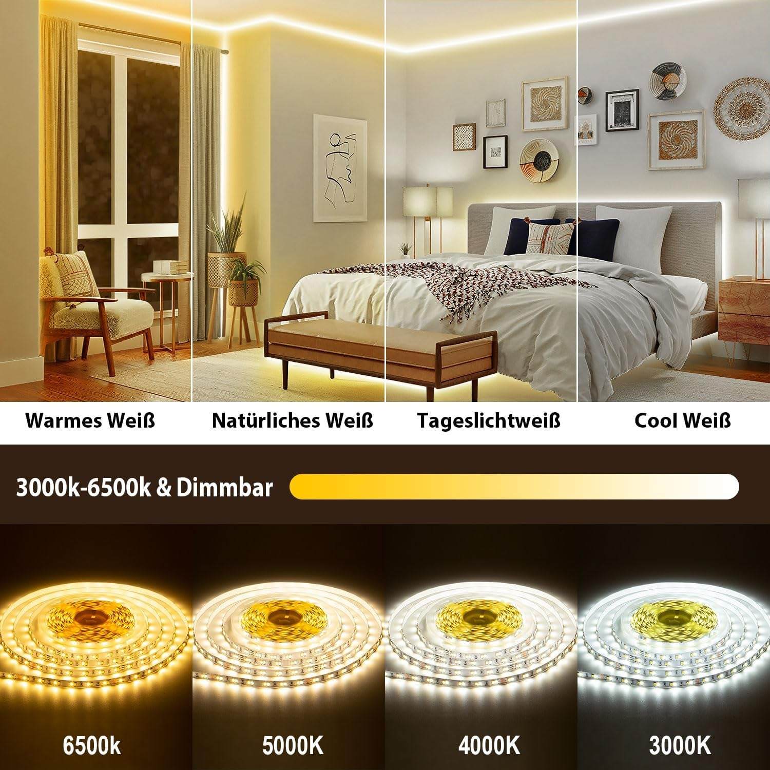 20M Led Streifen Weiß Alexa Kompatibel, 24V 3000K-6500K Warmweiß Bis Kaltweiß Dimmbar Mit Fernbedienung, Led Strip Weiß Selbstklebend Beleuchtung Für Innen Küche Dekoration