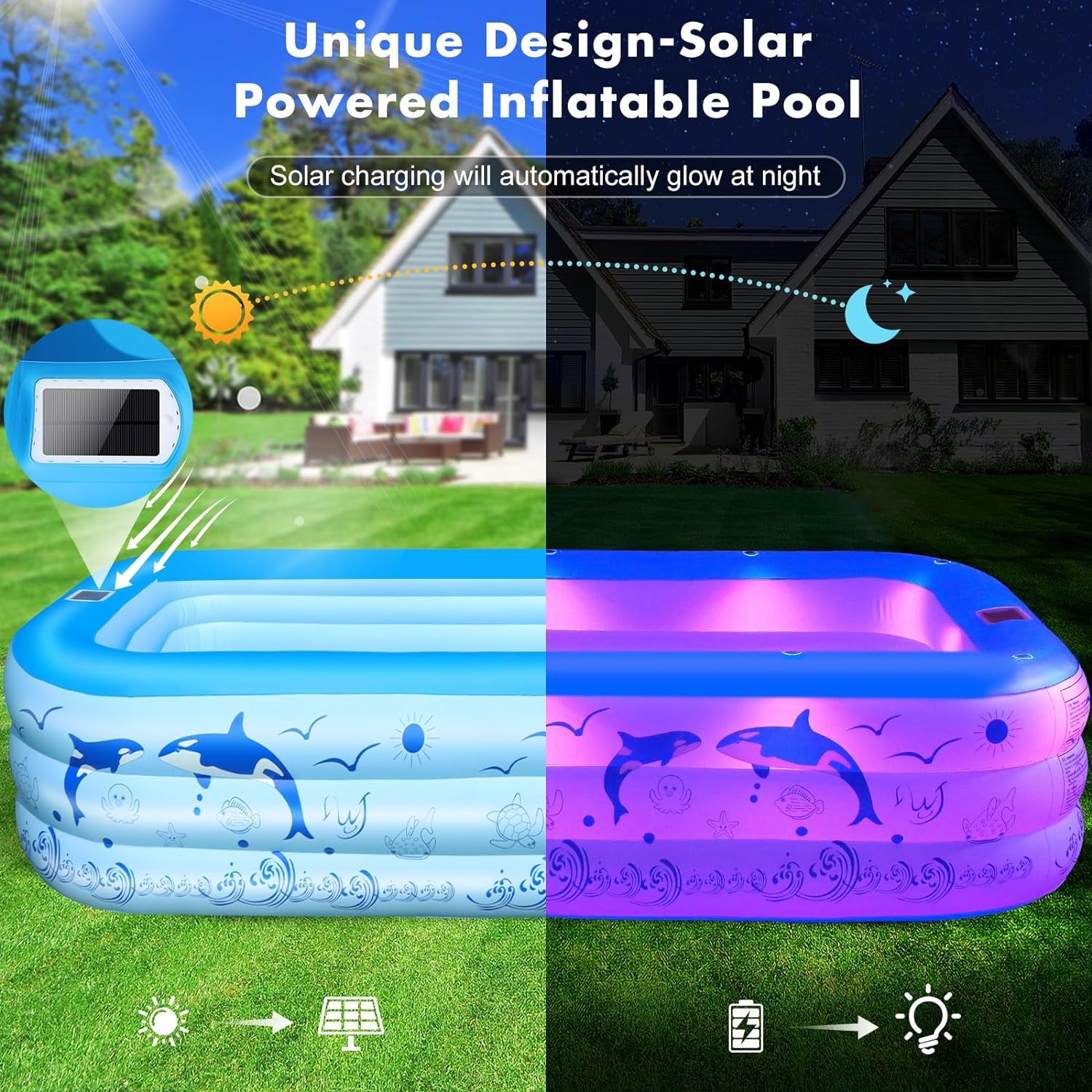 Aufblasbarer Pool Erwachsene Mit Lichter, Solar Swimmingpool Kinder Mit 12 Beleuchtungmodi, Rechteckig Planschbecken Groß 240X150X55Cm Schwimmbecken Kinder Familienpool Garten Pool Für Balkon