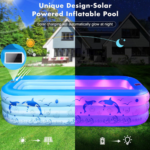 Aufblasbarer Pool Erwachsene Mit Lichter, Solar Swimmingpool Kinder Mit 12 Beleuchtungmodi, Rechteckig Planschbecken Groß 240X150X55Cm Schwimmbecken Kinder Familienpool Garten Pool Für Balkon