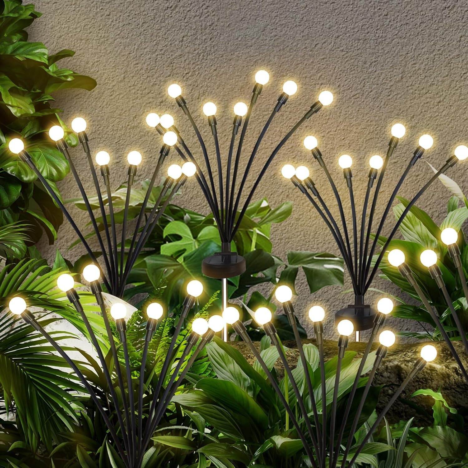Set of 2 waterproof solar garden firefly lights swaying in the wind for outdoor use