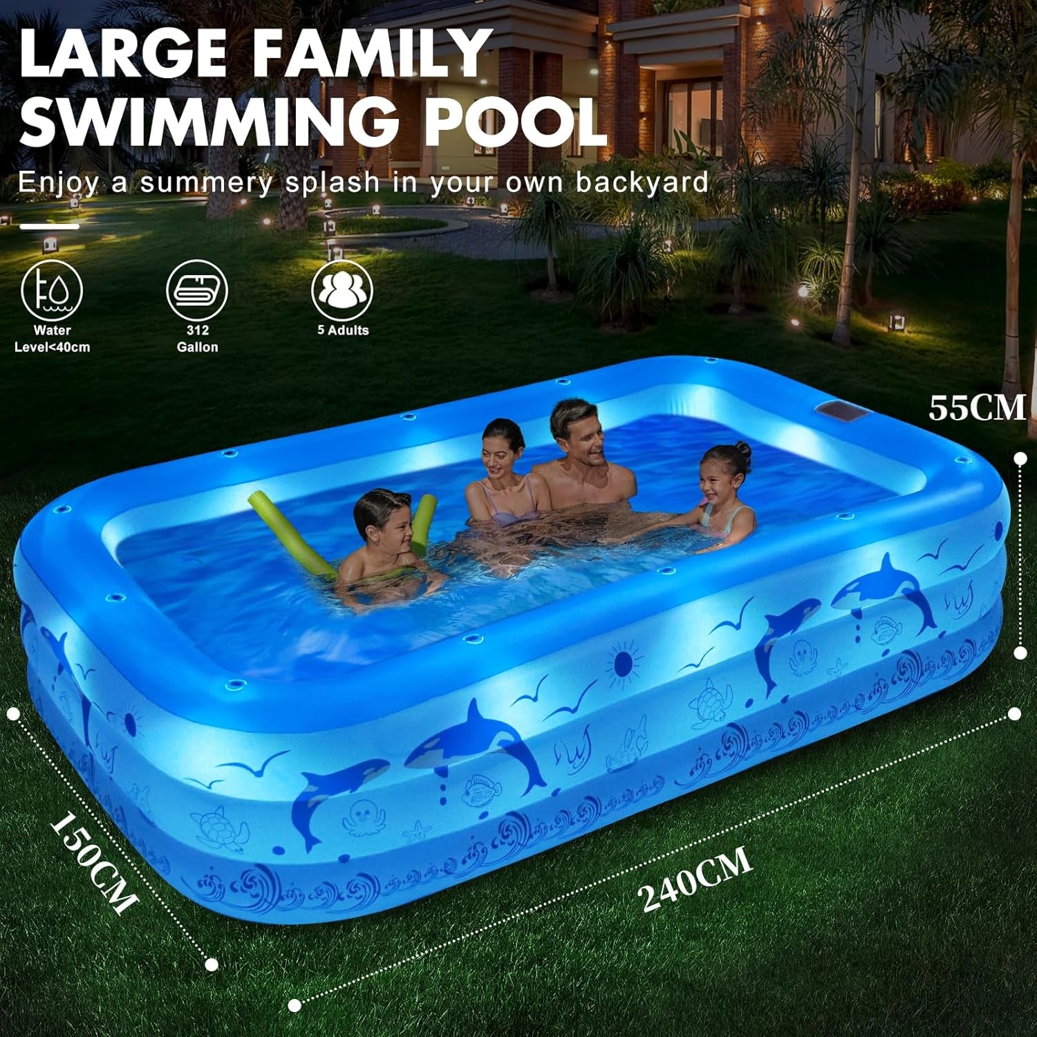 Aufblasbarer Pool Erwachsene Mit Lichter, Solar Swimmingpool Kinder Mit 12 Beleuchtungmodi, Rechteckig Planschbecken Groß 240X150X55Cm Schwimmbecken Kinder Familienpool Garten Pool Für Balkon