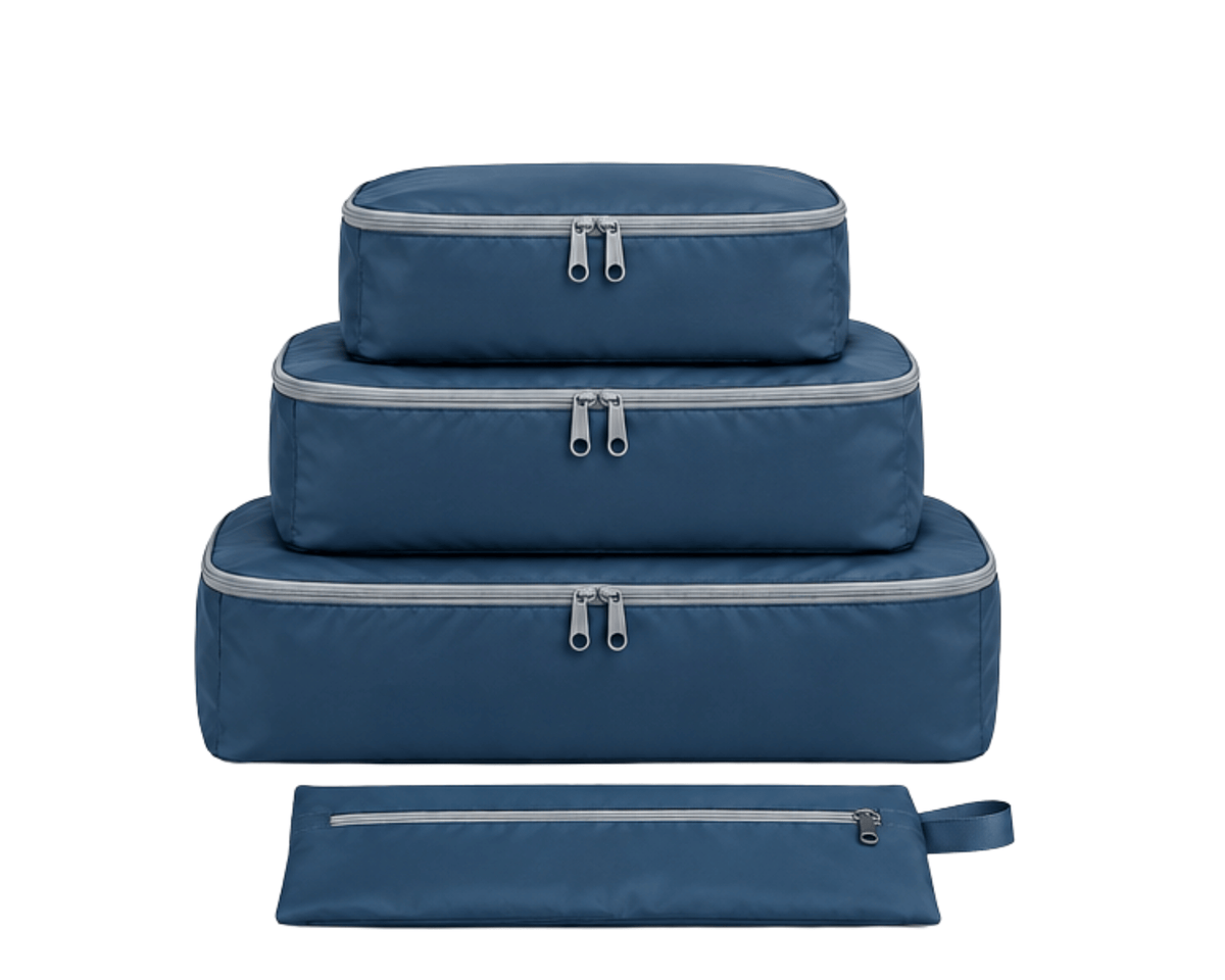 The Packing Cube Set in Navy Blue – 3 packing cubes and slim pouch