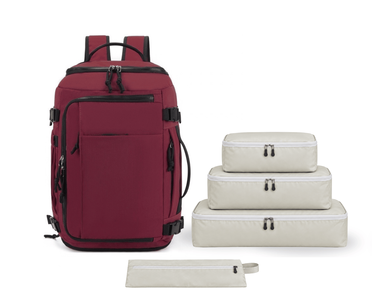 Smart Traveler Set in Maple Leaves Red – Carry-On Backpack & 4 Organizers