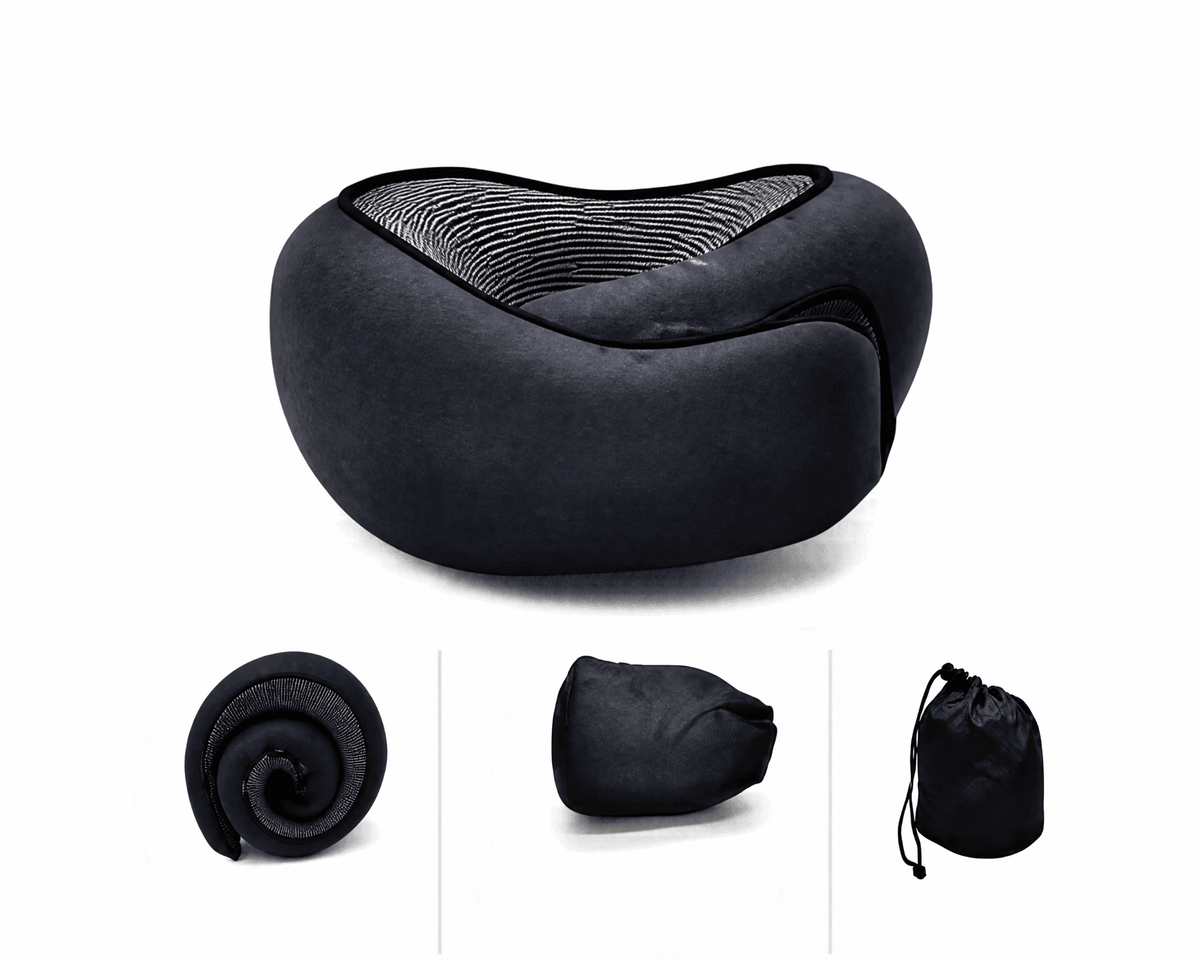 The Memory Foam Travel Pillow in Navy Blue, rolled up and in its carry pouch