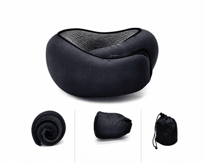 The Memory Foam Travel Pillow in Navy Blue, rolled up and in its carry pouch