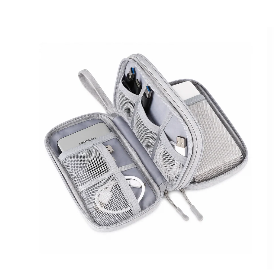 Charger Organizer Case in grey fabric with multiple mesh pockets and zip compartments for cables and small devices.