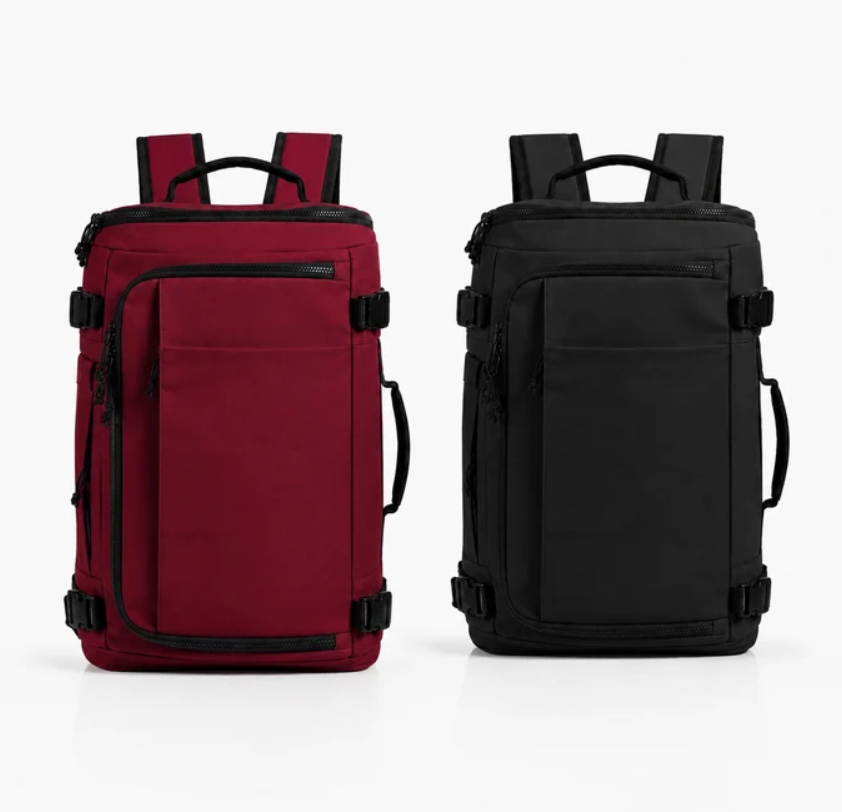 Double set of backpacks in red and black fabric with multiple compartments, side handles, and adjustable straps for travel organization.