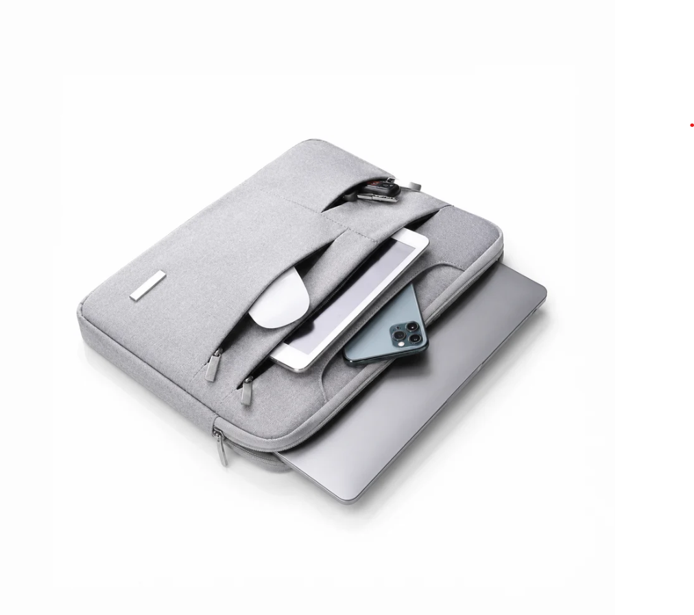 Laptop storage bag in light grey fabric with multiple zippered compartments holding a laptop, tablet, smartphone, and accessories.