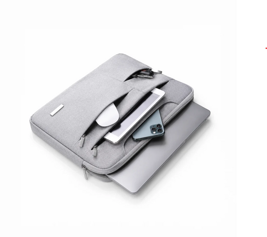 Laptop storage bag in light grey fabric with multiple zippered compartments holding a laptop, tablet, smartphone, and accessories.