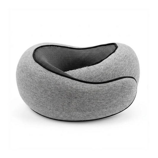 Orthopedic travel pillow in gray fabric with a black and white striped inner lining and ergonomic U-shaped design.