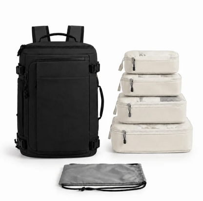Smart Traveler Set featuring a black water-resistant Oxford fabric backpack with padded straps and four beige packing cubes with zip closures.