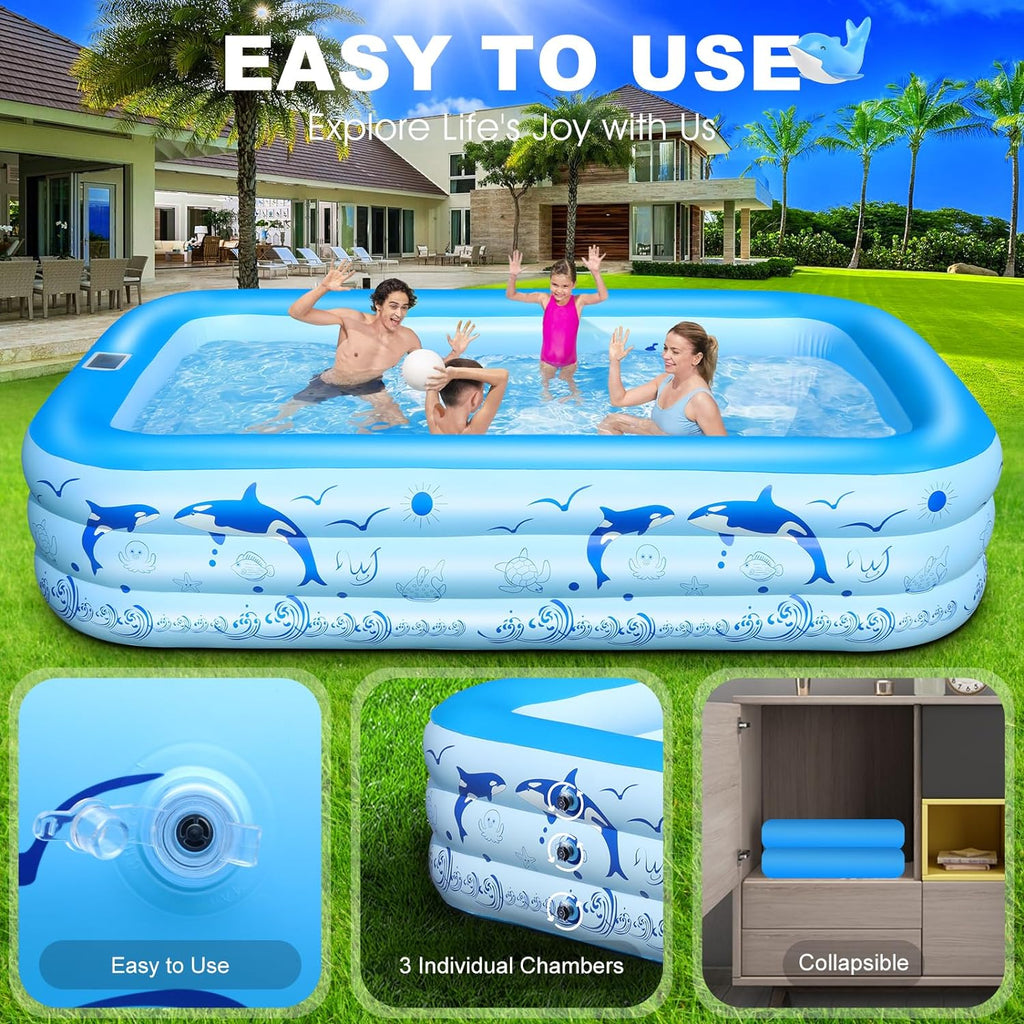 Aufblasbarer Pool Erwachsene Mit Lichter, Solar Swimmingpool Kinder Mit 12 Beleuchtungmodi, Rechteckig Planschbecken Groß 240X150X55Cm Schwimmbecken Kinder Familienpool Garten Pool Für Balkon