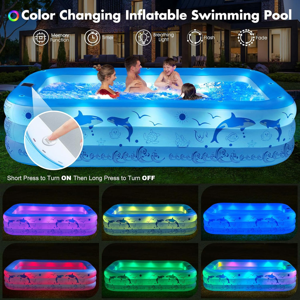Aufblasbarer Pool Erwachsene Mit Lichter, Solar Swimmingpool Kinder Mit 12 Beleuchtungmodi, Rechteckig Planschbecken Groß 240X150X55Cm Schwimmbecken Kinder Familienpool Garten Pool Für Balkon