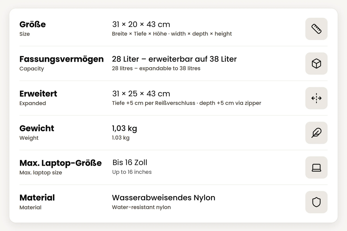 The Travel Bag specifications – size, capacity, weight, laptop size and material