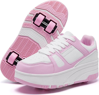 Kids roller skate shoes with detachable wheels in pink and black designs