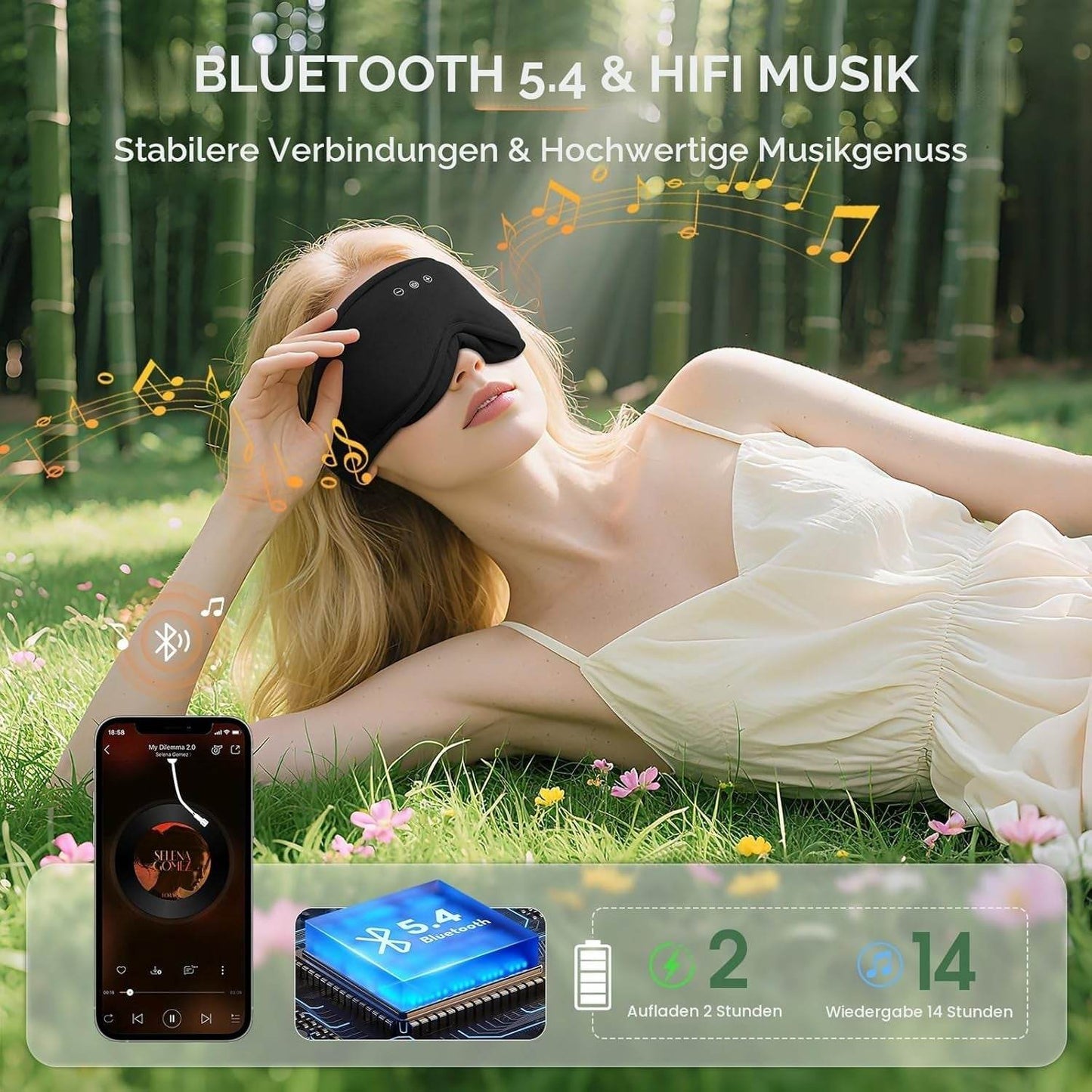 MUSICOZY Bambus-Baumwolle Schlafmaske Mit Kopfhörer, 3D Schlafkopfhörer Bluetooth V5.4 Augenmaske Schlafmaske Für Seitenschläfer, Sleep Mask Waschbar Schlafbrille Mit Mikrofon Für Herren/Frauen