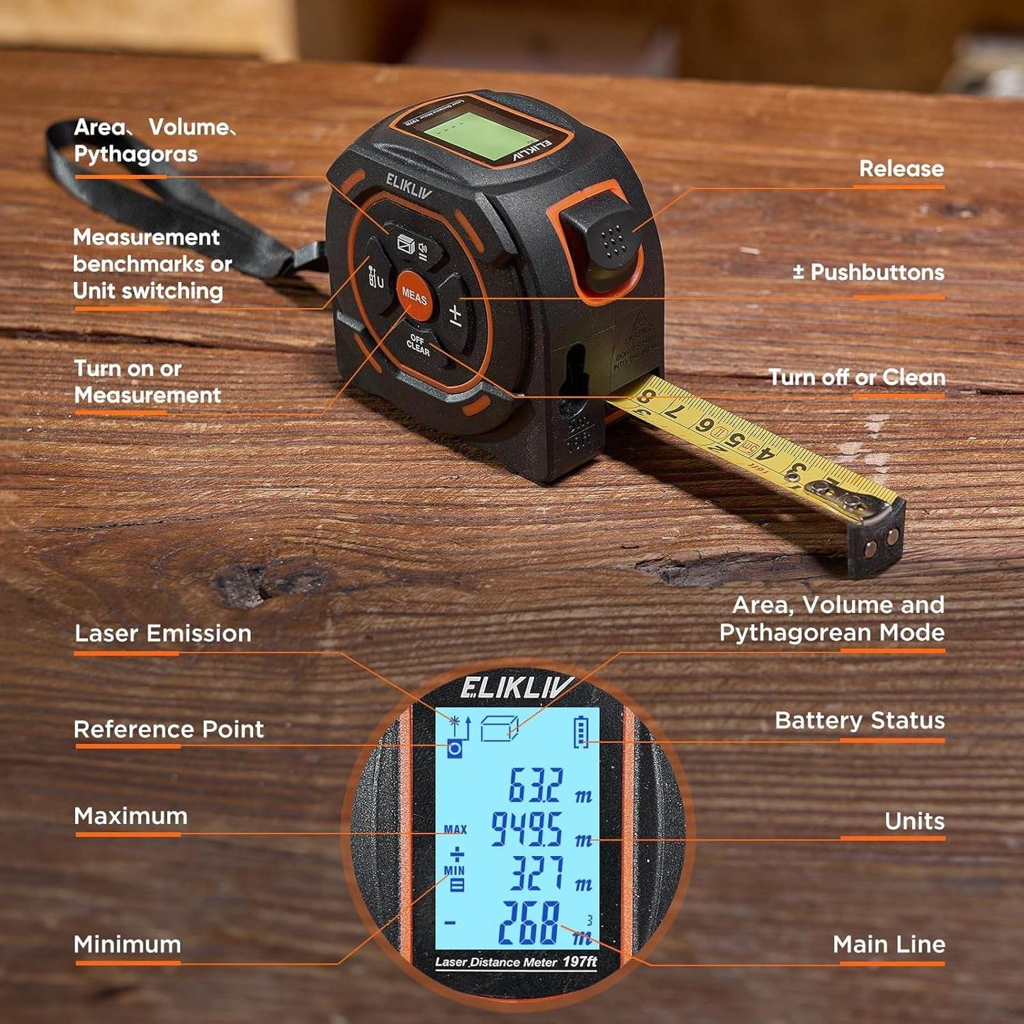 Laser-Bandmaß 197Ft Laser-Messung & 16Ft Manuelle Messung Digitales Maßband Unterstützung Für Pythagoras-Modus, Fläche, Volumen, Ft/Ft+In/In/M Einheit Distanzmesser Für Woodworker Tool