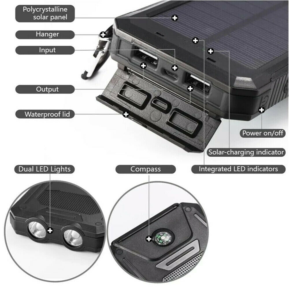Solar-Powerbank 10.000 mAh wasserdicht mit LED-Lampe – Waterproof Solar Power Bank