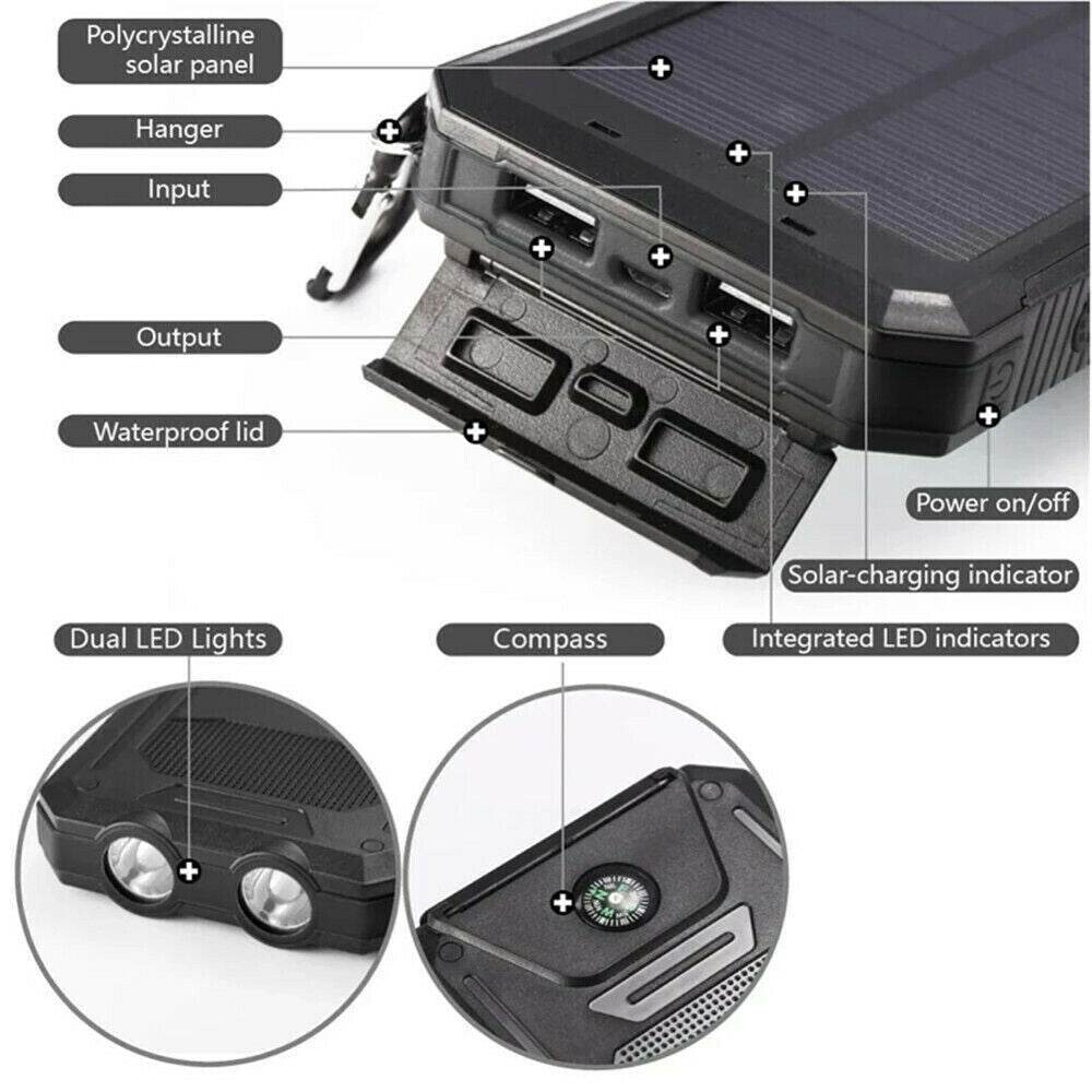 Solar-Powerbank 10.000 mAh wasserdicht mit LED-Lampe – Waterproof Solar Power Bank
