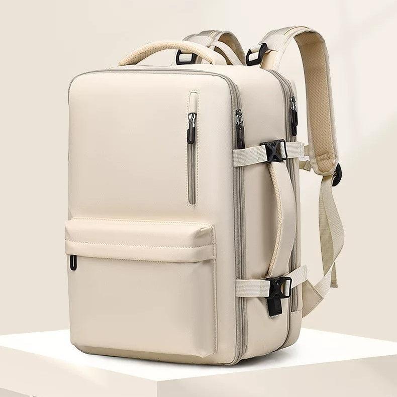 Travel Bag Backpack in cheese white nylon with a solid pattern, multiple zippered compartments, and air-cushioned straps.