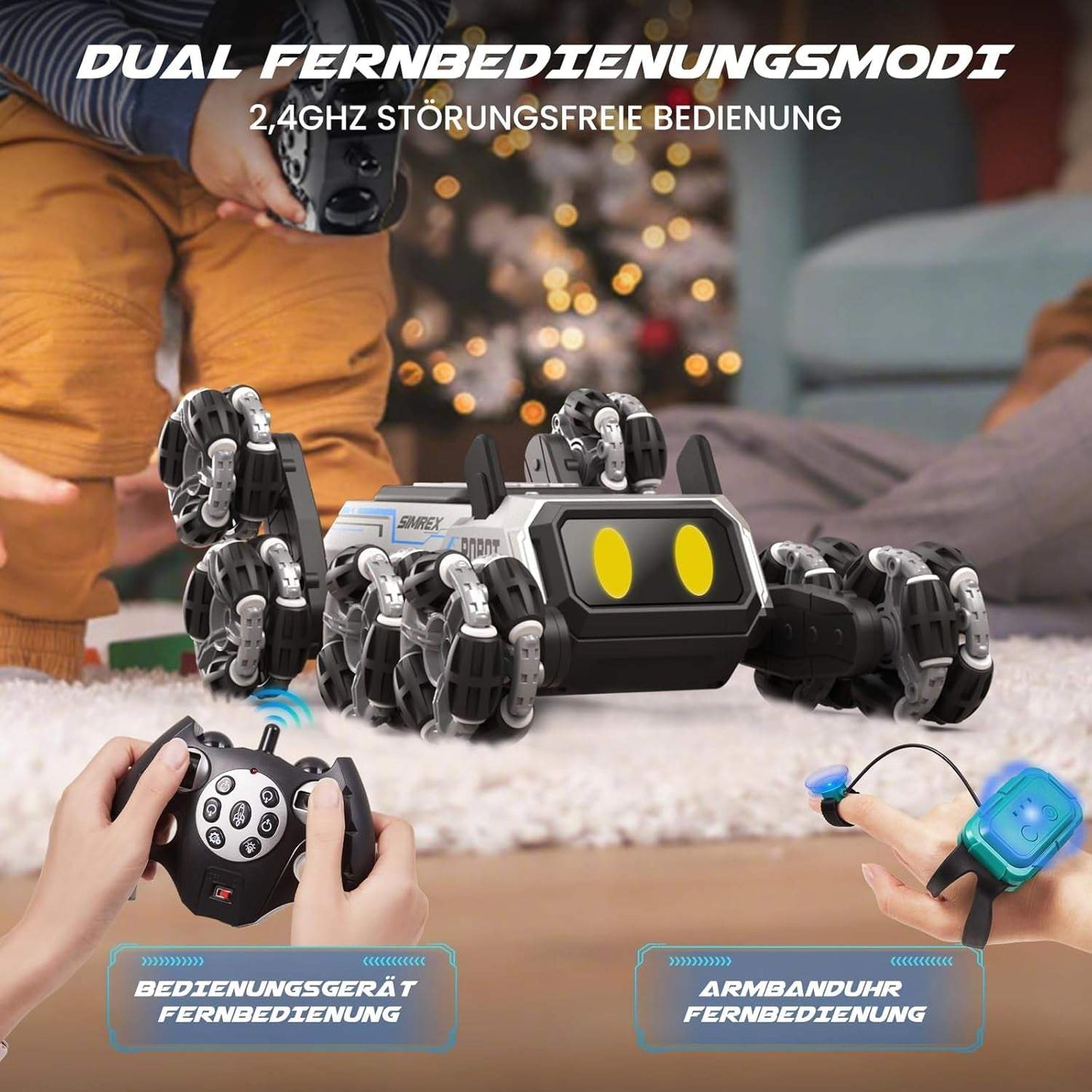 SIMREX Remote Control Robot Dog Toys for Kids 6+, Stunt RC Cars with LED Eyes & Gesture Control, 6+ Years Old Boys Girls Birthday Gift, Interactive Robot Toy with Mecanum Wheels & 3 Sounds, Sliver