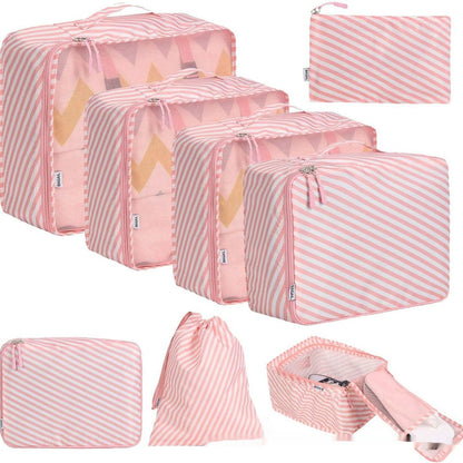 Packing Cubes in White Pink Stripes – 8-Piece Suitcase Organizer Set