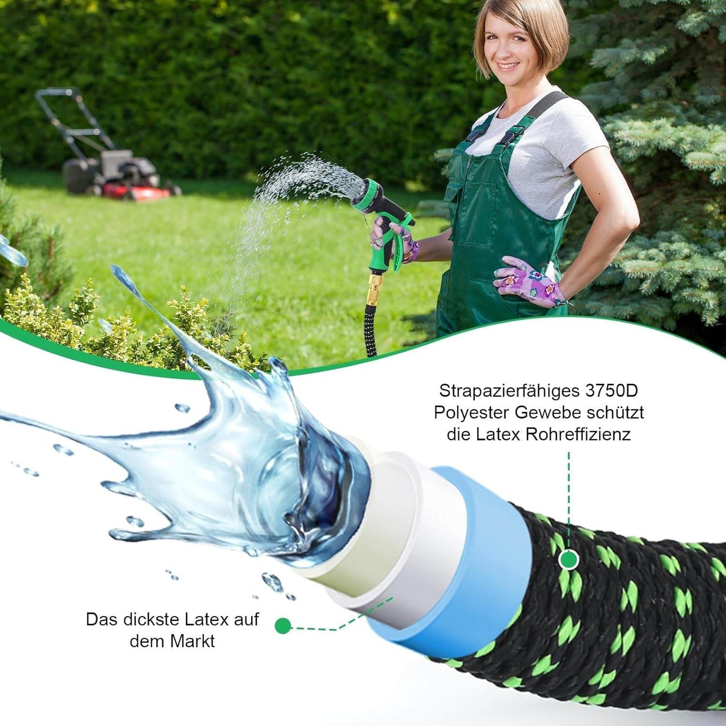 Flexibler Gartenschlauch 15M/50Ft,Knickfrei,Garden Hose Schlauch Mit 10-Funktions-Spray,Strapazierfähiger 3 Lagiger Latex Wasserschlauch 3/4 Zoll Und 1/2 Zoll
