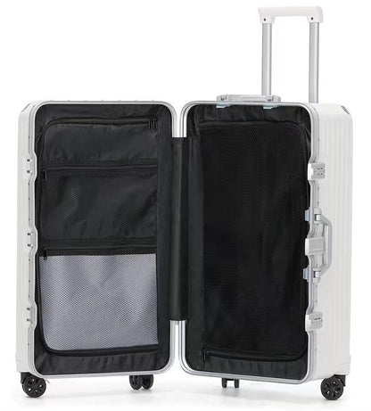 Large aluminium frame trunk suitcase with TSA lock and spinner wheels