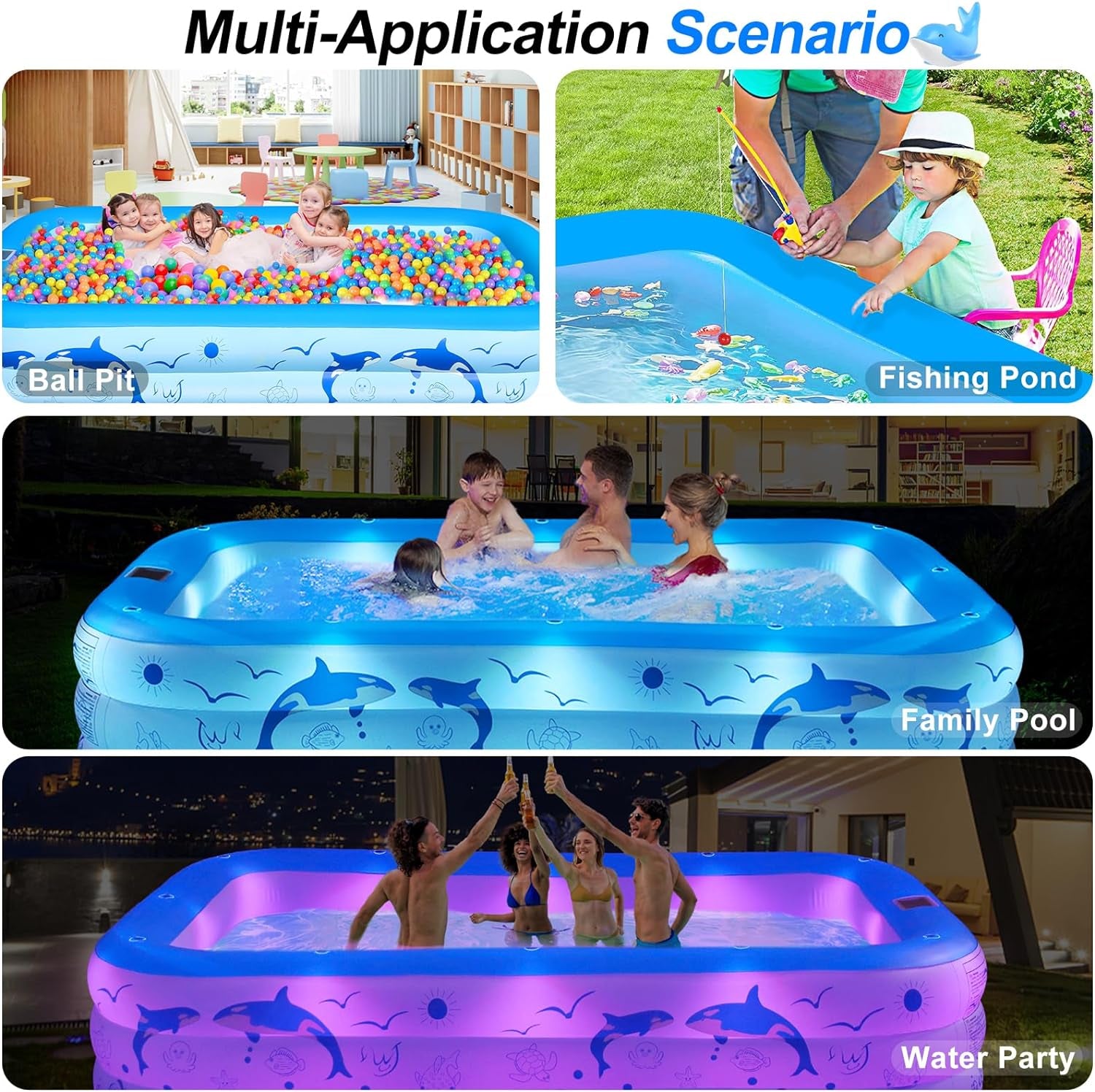 Aufblasbarer Pool Erwachsene Mit Lichter, Solar Swimmingpool Kinder Mit 12 Beleuchtungmodi, Rechteckig Planschbecken Groß 240X150X55Cm Schwimmbecken Kinder Familienpool Garten Pool Für Balkon