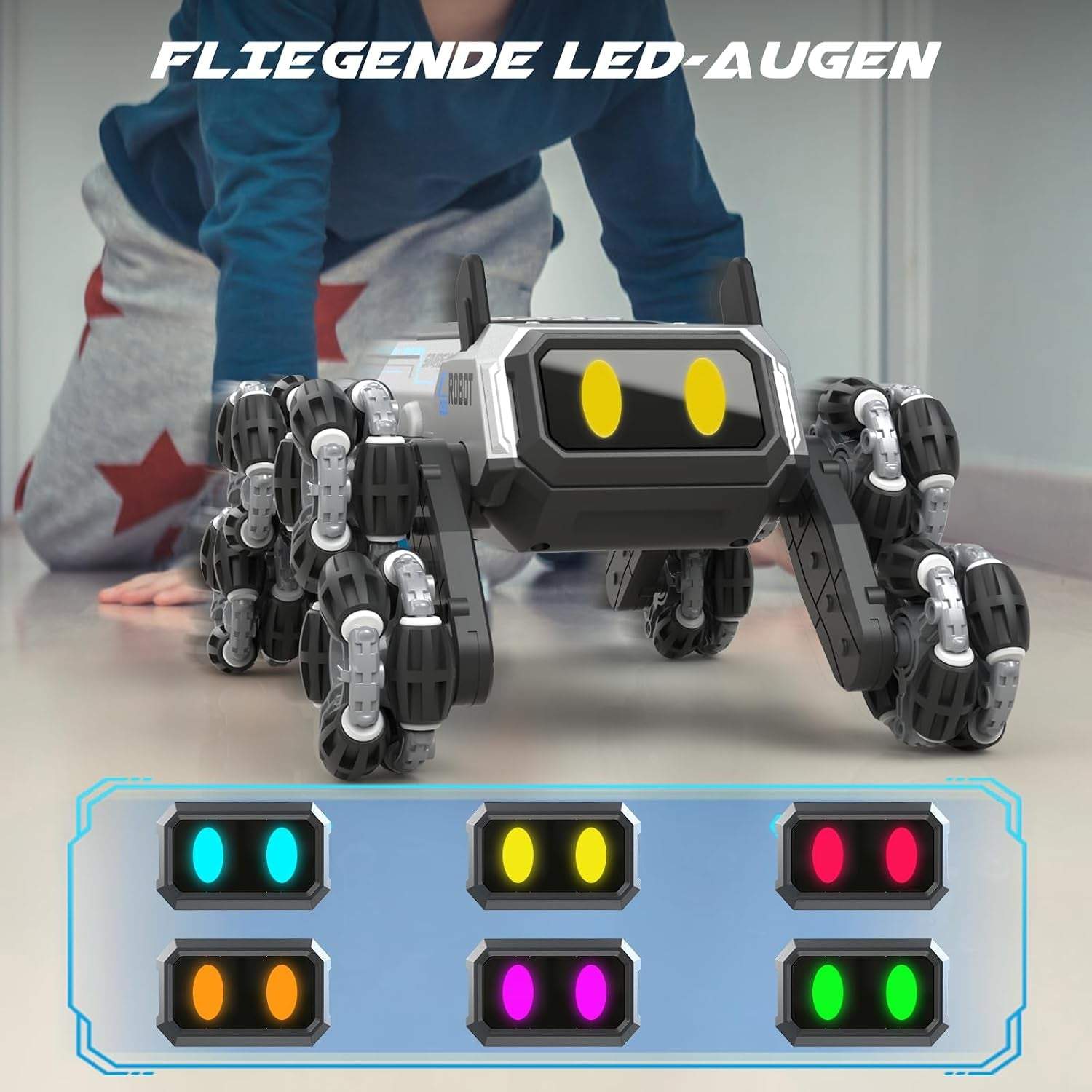SIMREX Remote Control Robot Dog Toys for Kids 6+, Stunt RC Cars with LED Eyes & Gesture Control, 6+ Years Old Boys Girls Birthday Gift, Interactive Robot Toy with Mecanum Wheels & 3 Sounds, Sliver